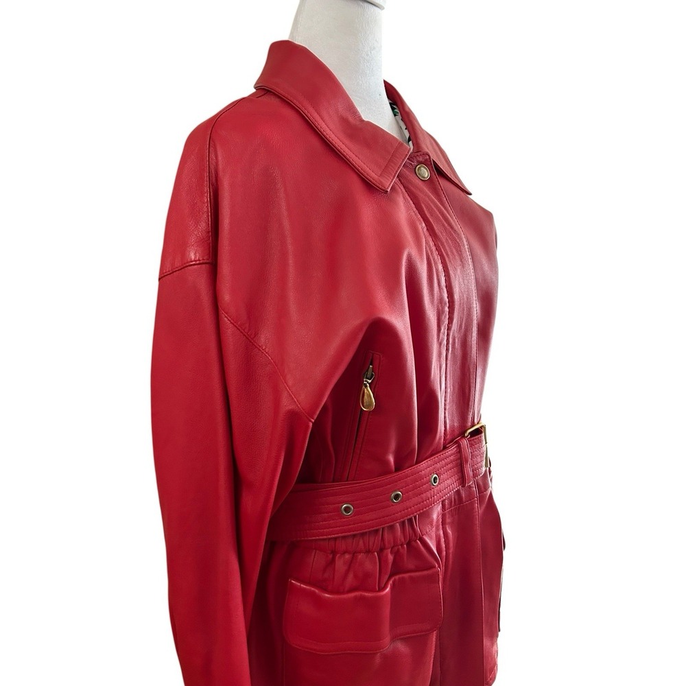 Margaret Godfrey Red Leather Belted Jacket Sz L**see pictures-stain on pocket - Picture 3 of 10